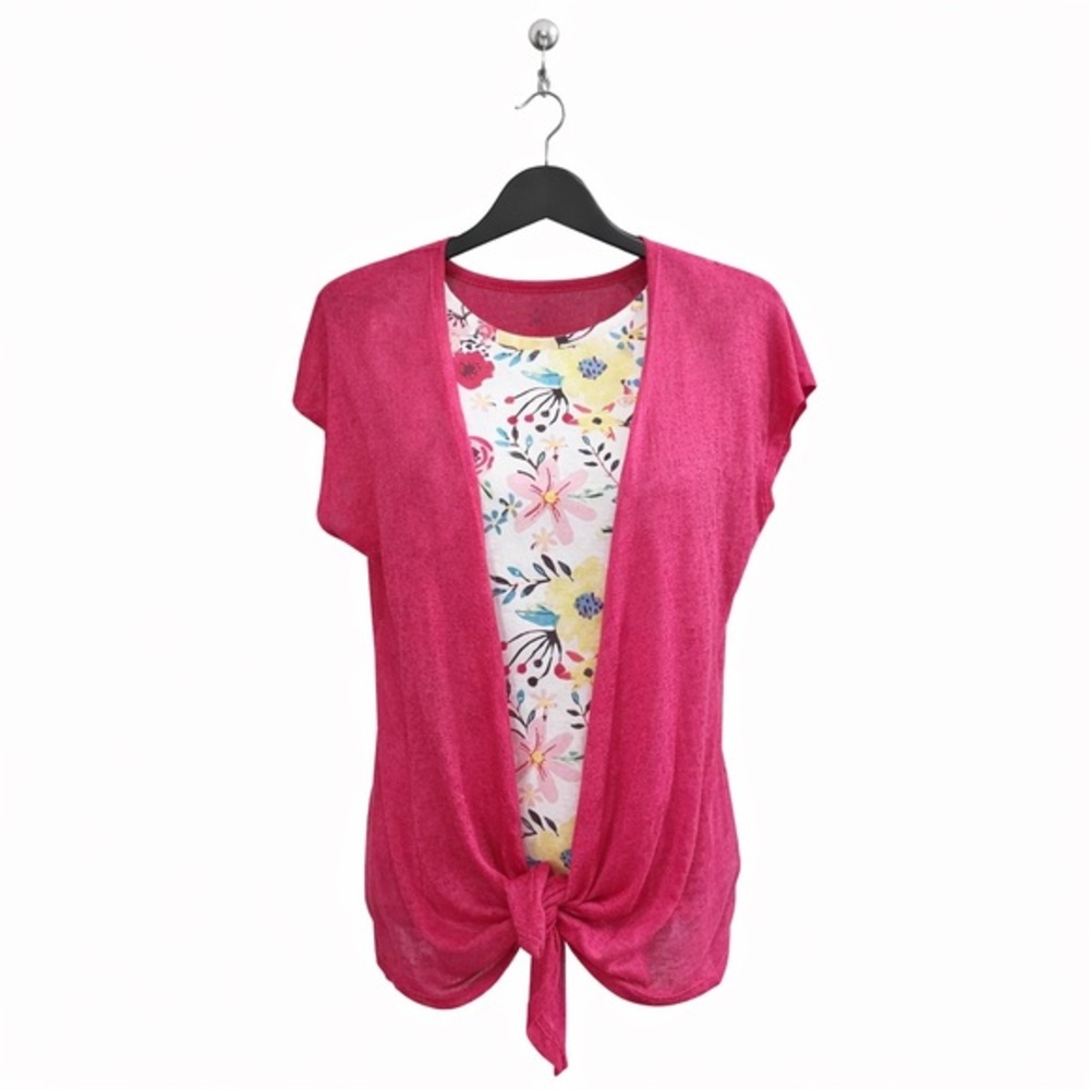 Time & Tru 2pc Set Pink Tie-Front Cardigan & Floral Tank Top, Size Small